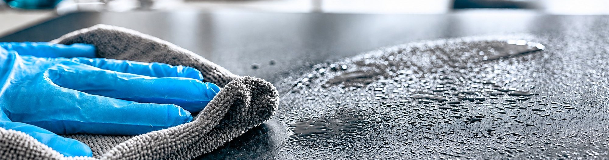 Une main portant un gant bleu nettoie une surface sombre couverte de gouttelettes avec un chiffon en microfibre gris.